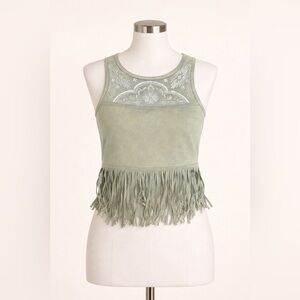 Buffalo by David Bitton Sage Suede-Look Fringe Tank — Embroidered Yoke • medium